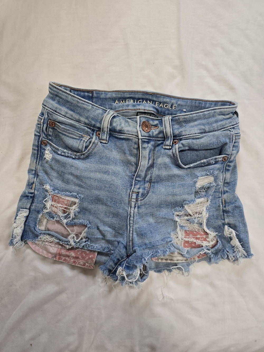 American Eagle Next Level Stretch Distressed Denim Shorts Size 4 Boho Paisley